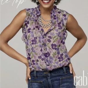 Cabi Trifle Top Purple Green Flowers Ruffle V Neck Line Size L